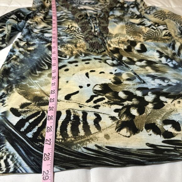 ALBERTO MAKALI Blue Green Floral Print Beaded Lace Up V-Neck Size L Sheer Sleeve - Picture 8 of 11